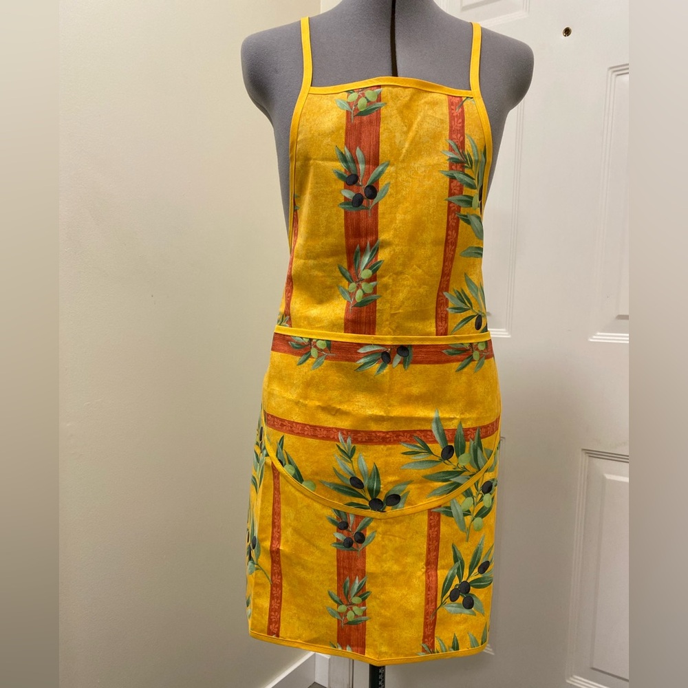 Hand crafted new Gold Yellow Bib Apron with Olive Design